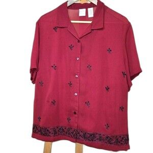 Red Button Down Blouse With Embroidered Front And Hem Size 16W